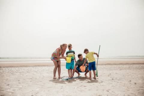 A family searching for shells during one of the low tides in Port Aransas.